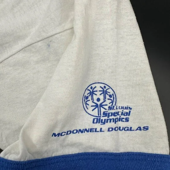 Vintage 1980s Special Olympics T Shirt Large Screen Stars USA Blue Yellow Angels - Picture 11 of 11